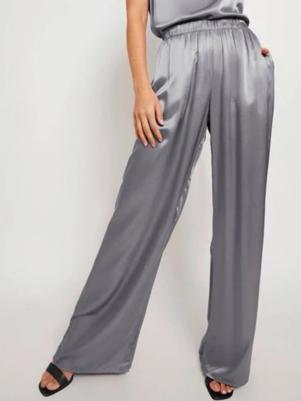 Nation LTD Silver Satin Women's Wide-Leg Pull-On Pants - Gray Size S